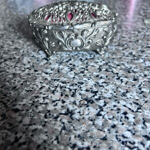 Intricate Silver Jewelry Box with Pink Accents